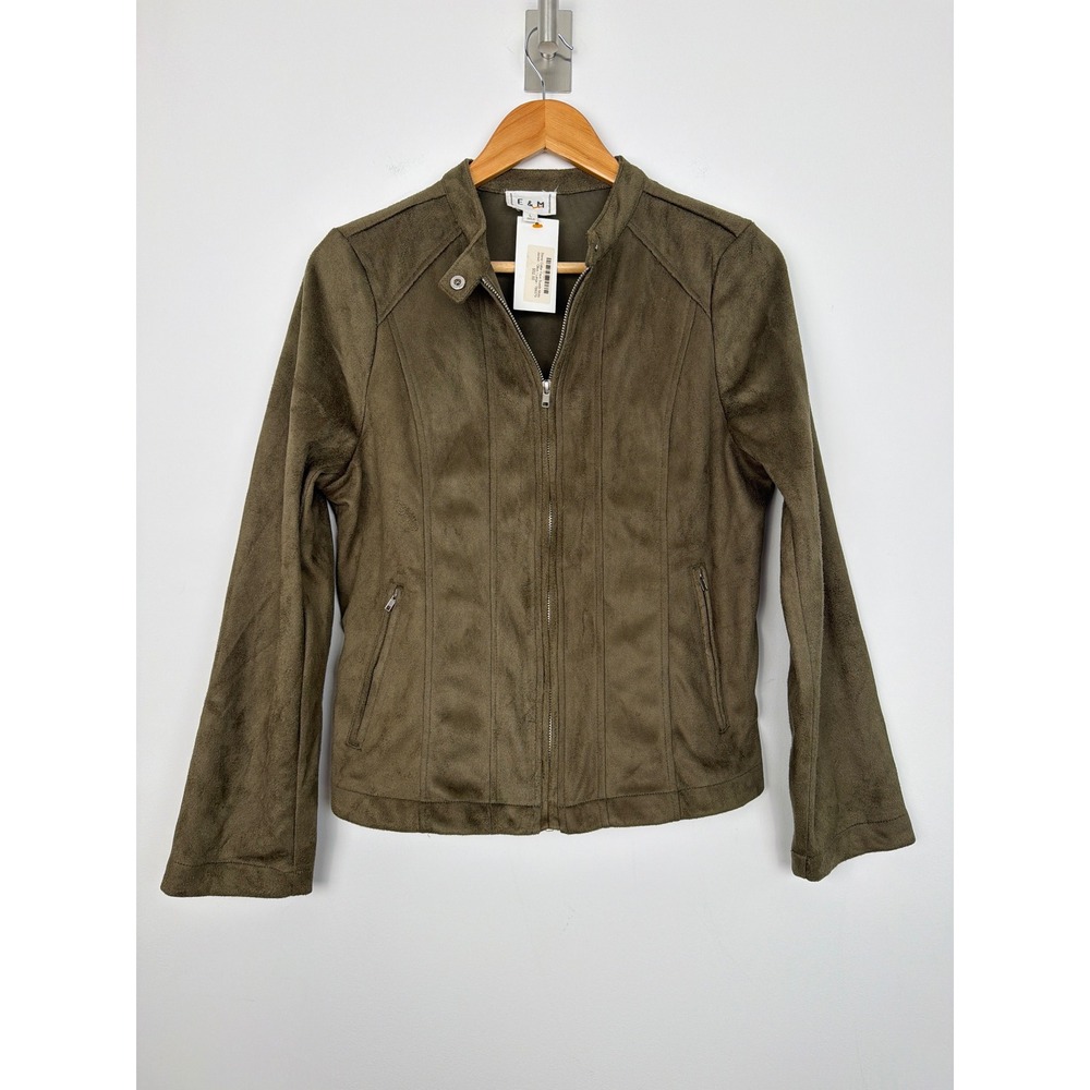 E&M Faux Suede Moto Jacket Large Olive Green Stand Collar Zip Up